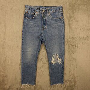 Levi's Jeans 501 Straight Crop Raw Hem Women's 26 Light Wash Blue Denim Distress